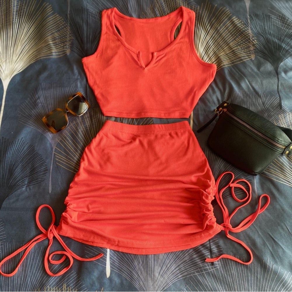 Coral red two piece skirt set